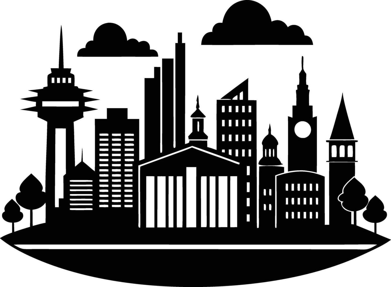 Cityscape illustration of city skyline with buildings and trees vector