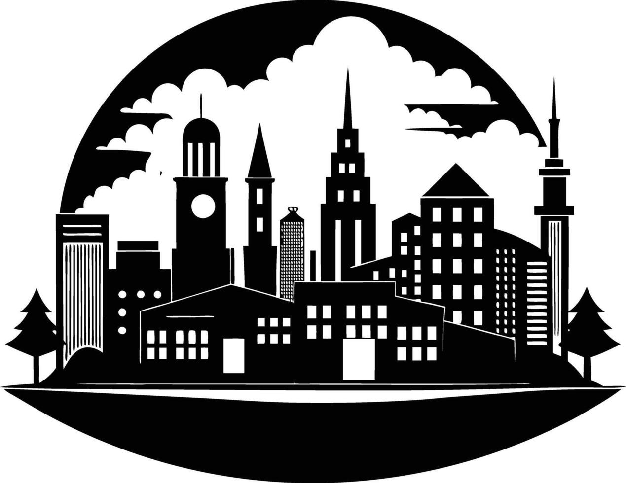 Cityscape illustration of city skyline with buildings and trees vector