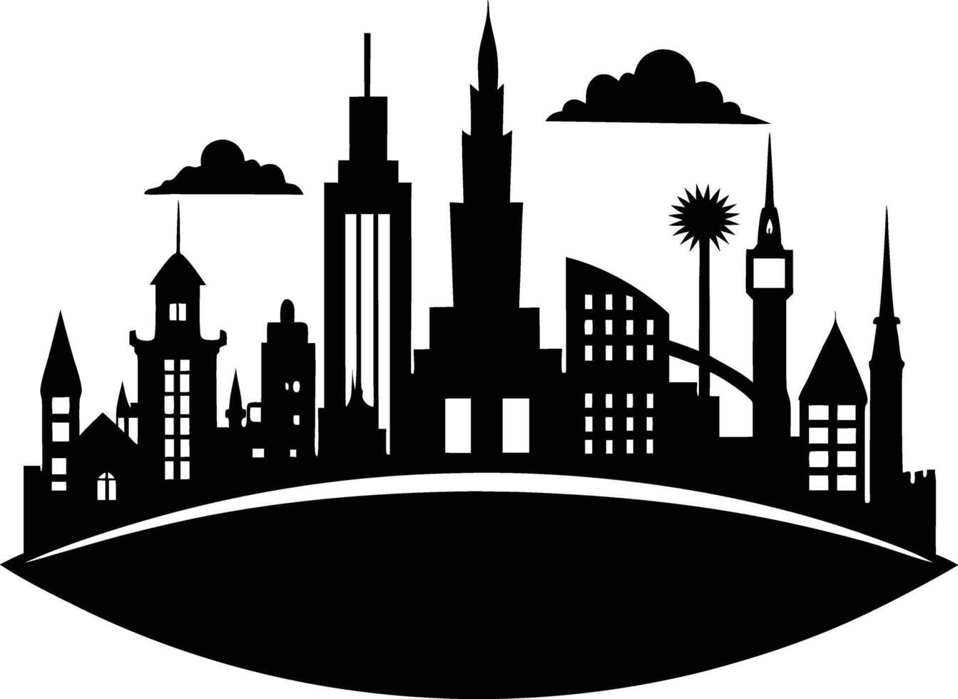 Cityscape illustration of city skyline with buildings and trees vector