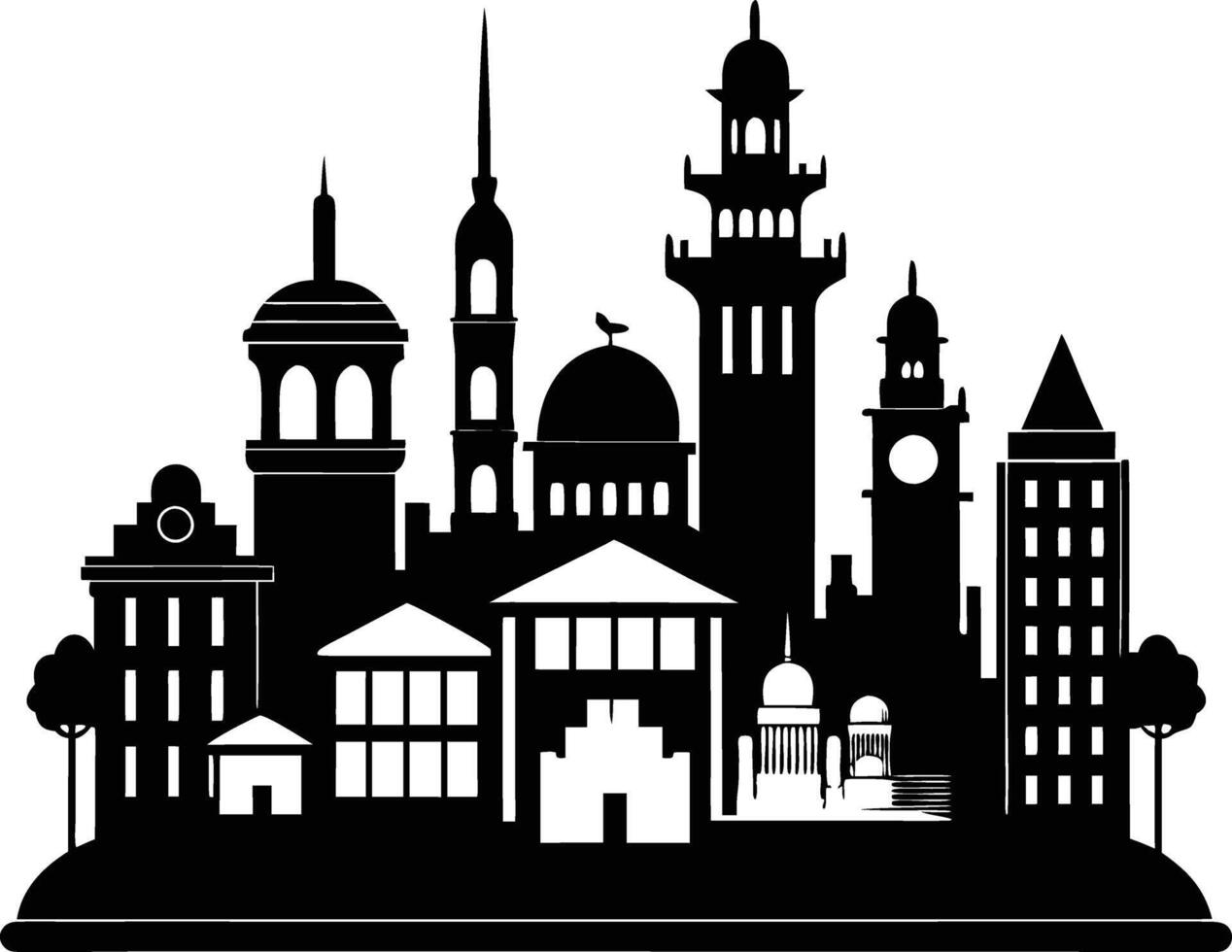 Cityscape illustration of city skyline with buildings and trees vector