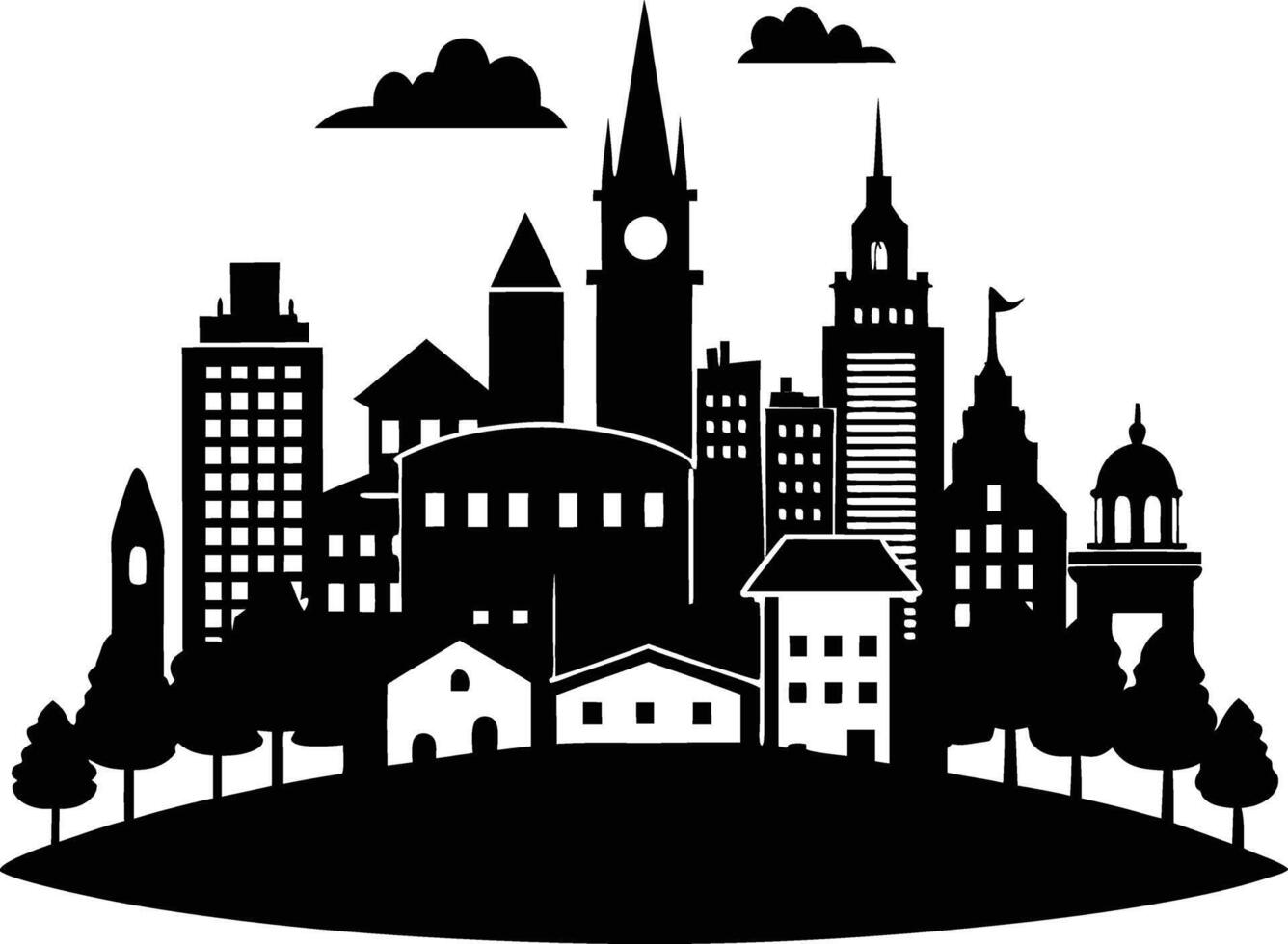 Cityscape illustration of city skyline with buildings and trees vector