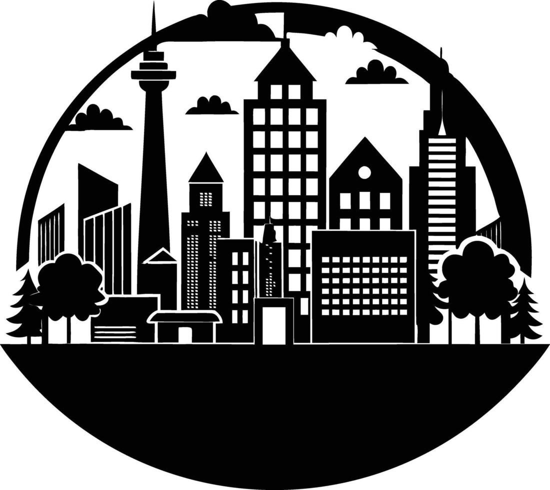Cityscape illustration of city skyline with buildings and trees vector