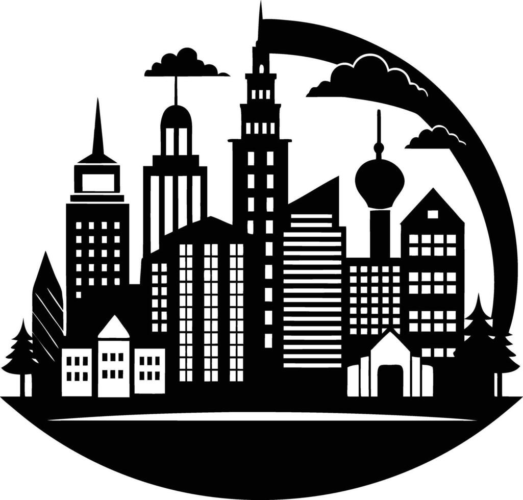 Cityscape illustration of city skyline with buildings and trees vector