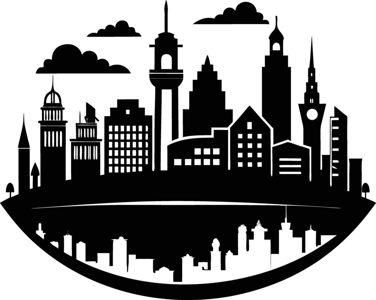 Cityscape illustration of city skyline with buildings and trees vector