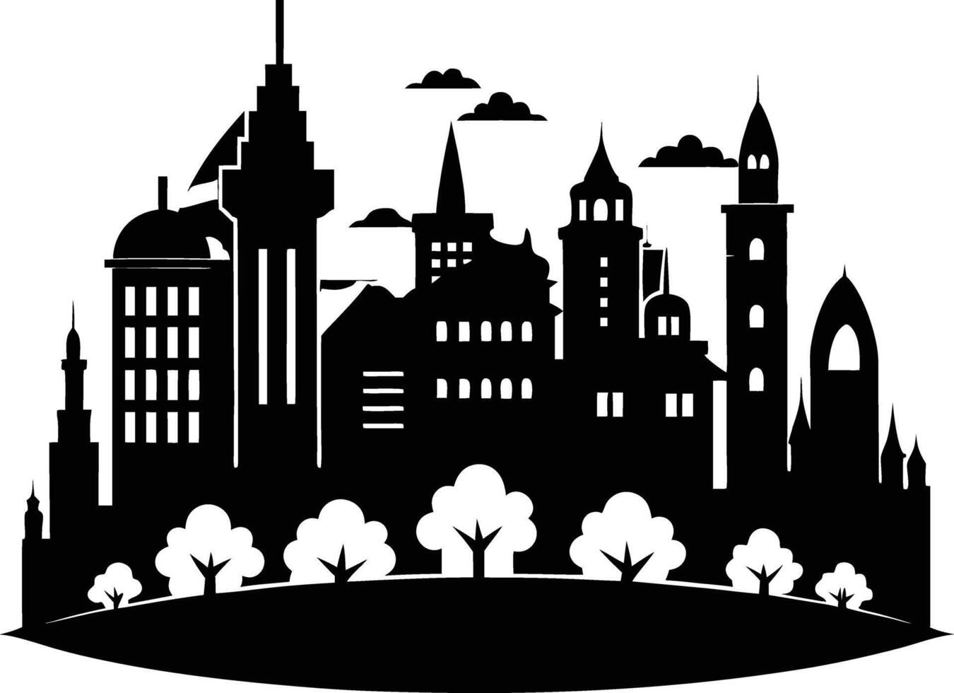 Cityscape illustration of city skyline with buildings and trees vector