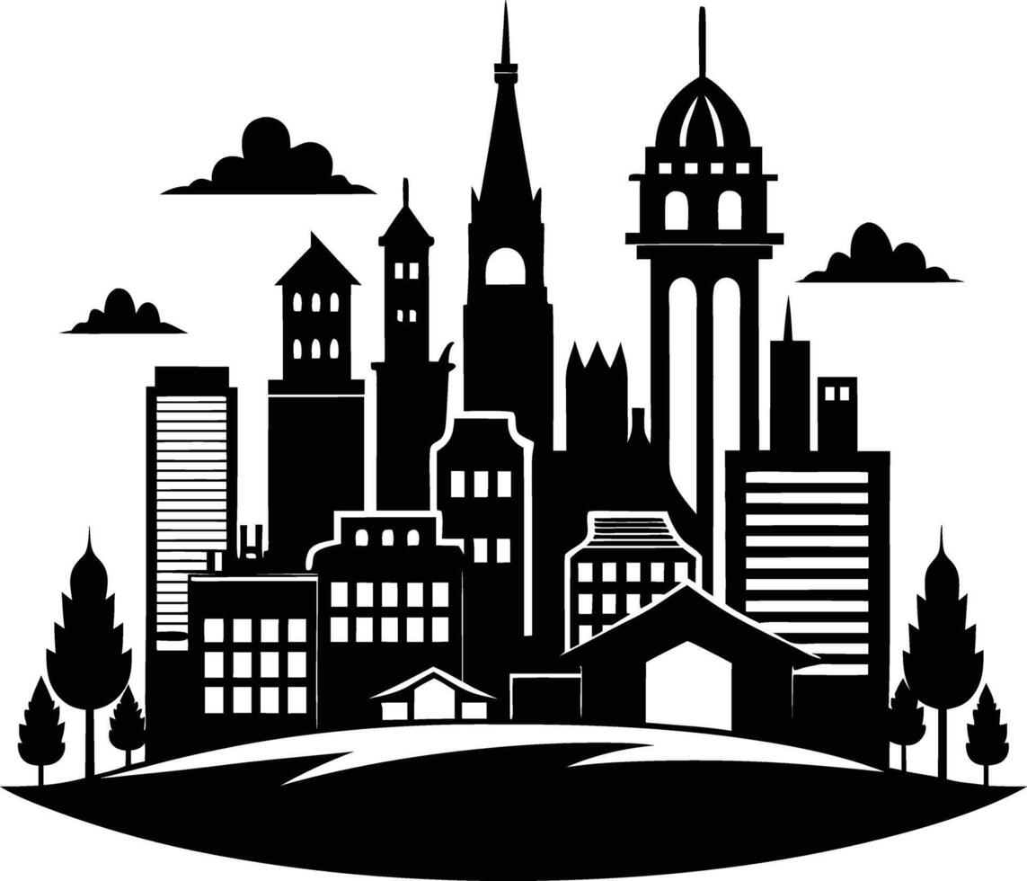Cityscape illustration of city skyline with buildings and trees vector