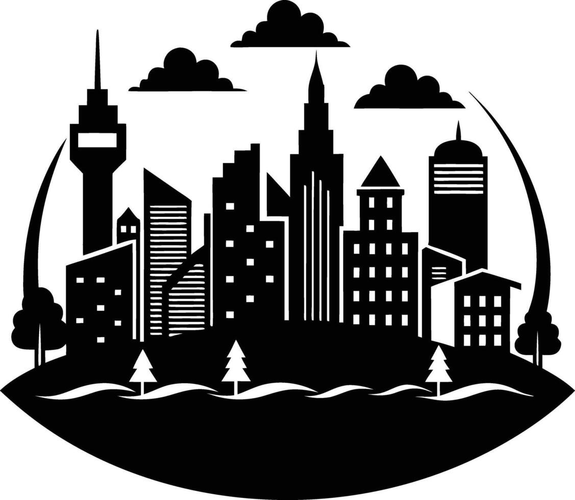 Cityscape illustration of city skyline with buildings and trees vector
