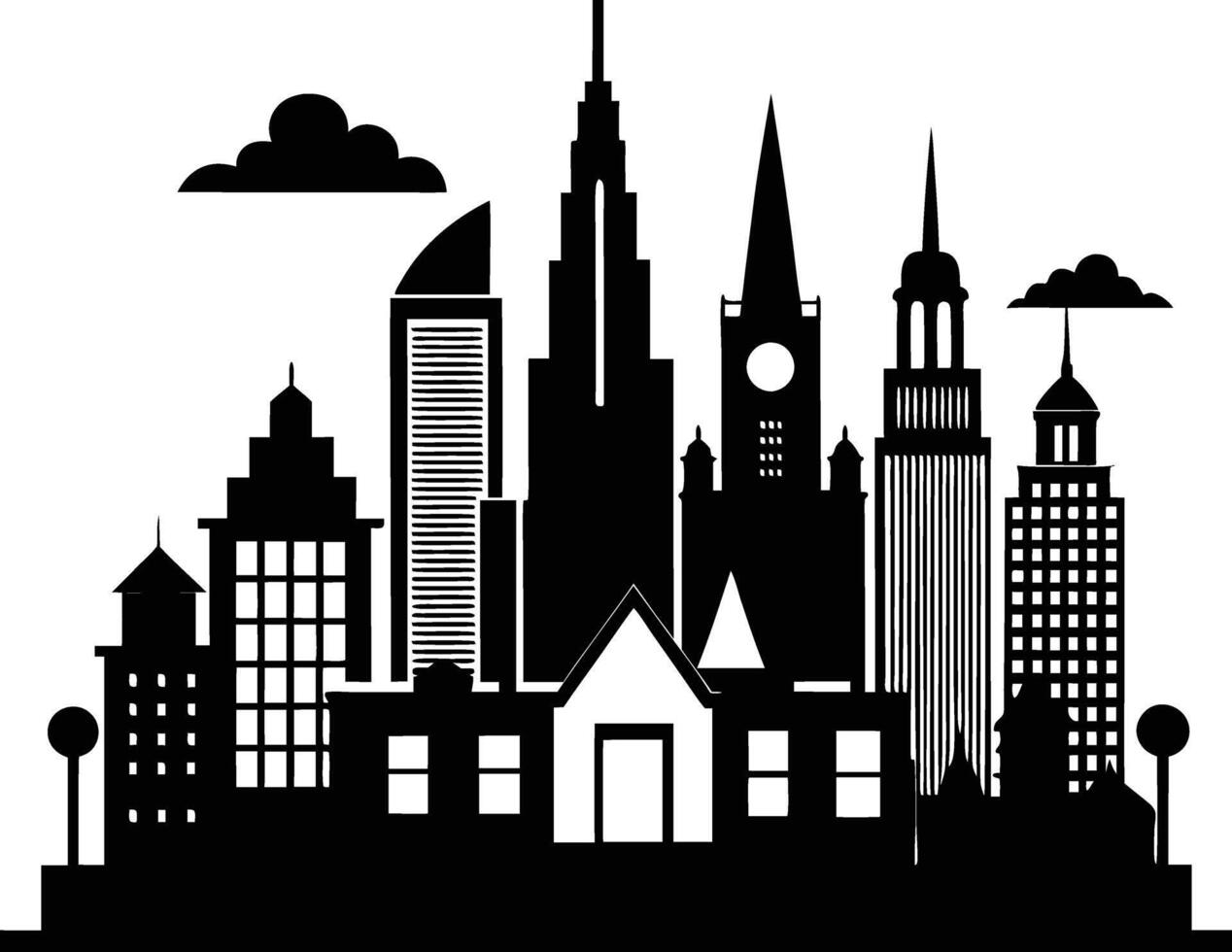 Cityscape illustration of city skyline with buildings and trees vector
