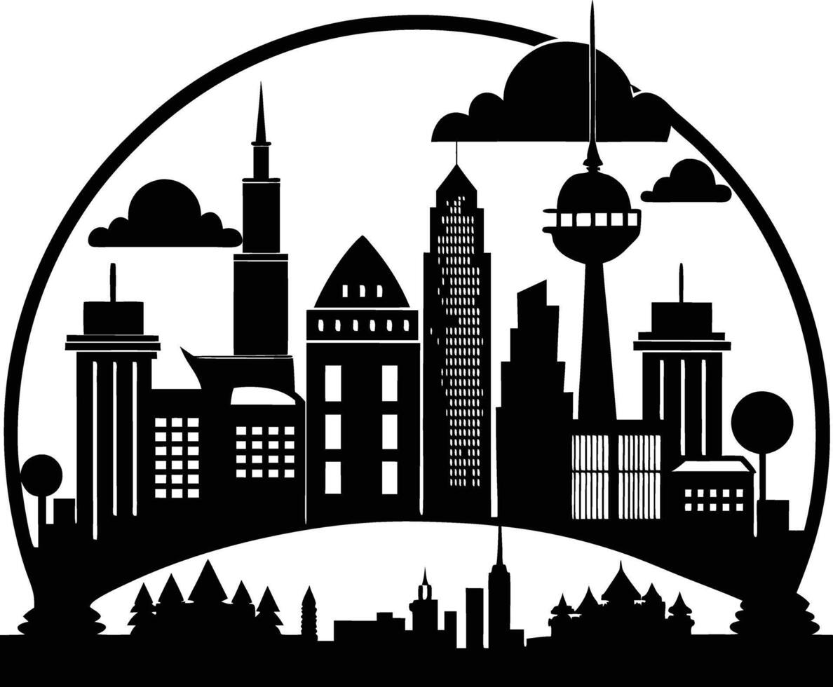 Cityscape illustration of city skyline with buildings and trees vector