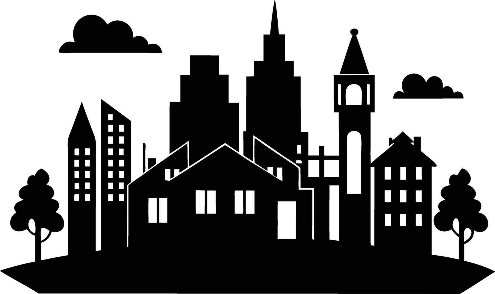 Cityscape illustration of city skyline with buildings and trees vector