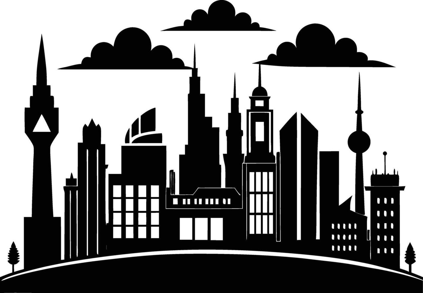 Cityscape illustration of city skyline with buildings and trees vector