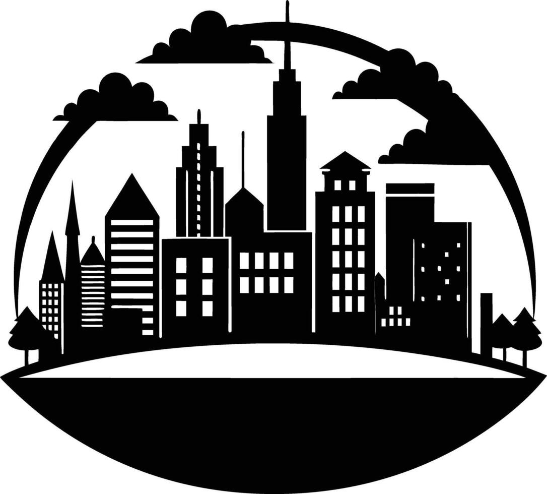 Cityscape illustration of city skyline with buildings and trees vector