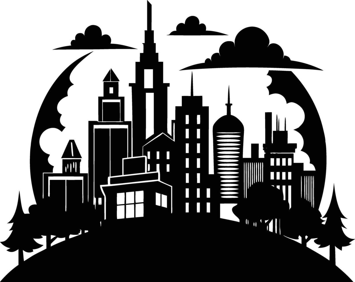 Cityscape illustration of city skyline with buildings and trees vector