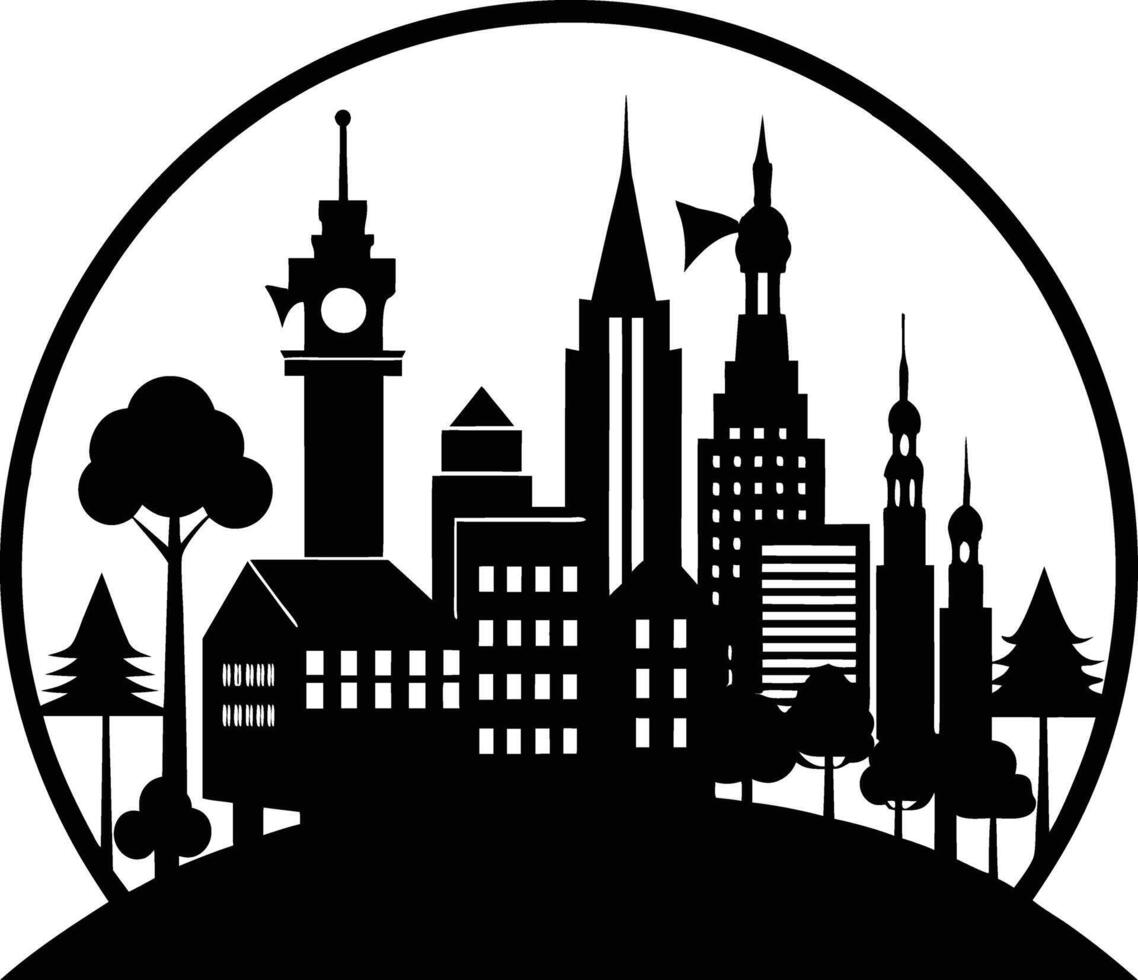 Cityscape illustration of city skyline with buildings and trees vector