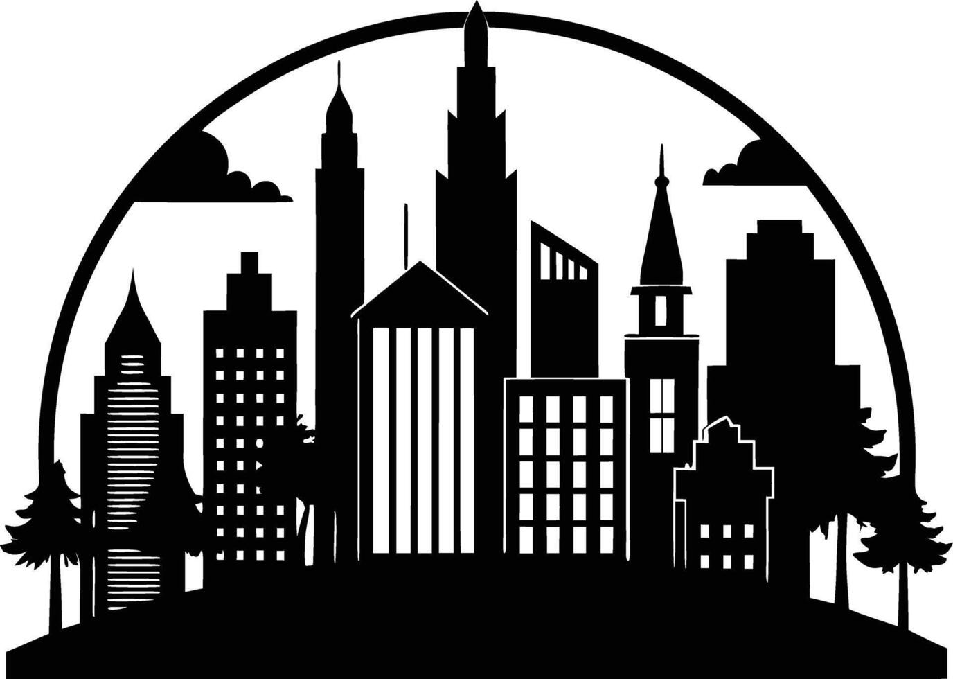 Cityscape illustration of city skyline with buildings and trees vector