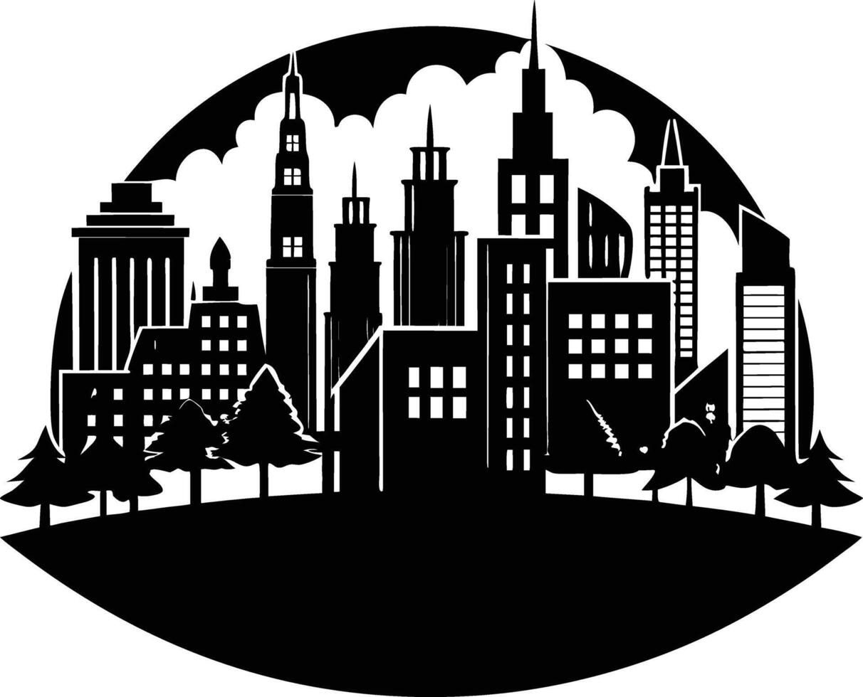 Cityscape illustration of city skyline with buildings and trees vector
