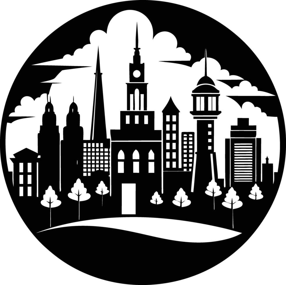 Cityscape illustration of city skyline with buildings and trees vector
