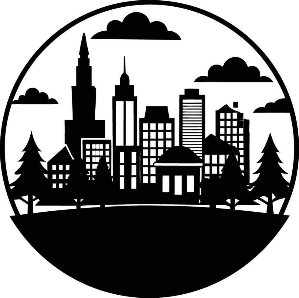 Cityscape illustration of city skyline with buildings and trees vector