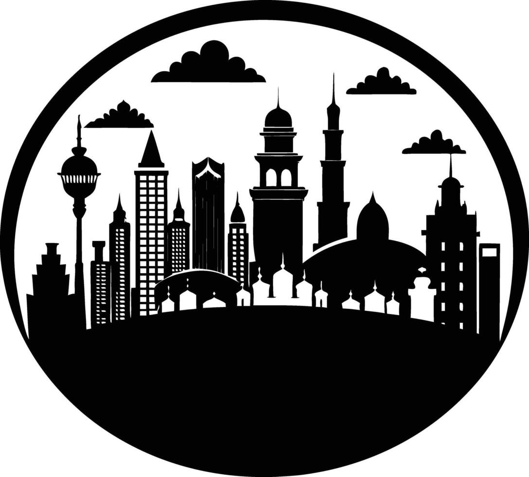 Cityscape illustration of city skyline with buildings and trees vector