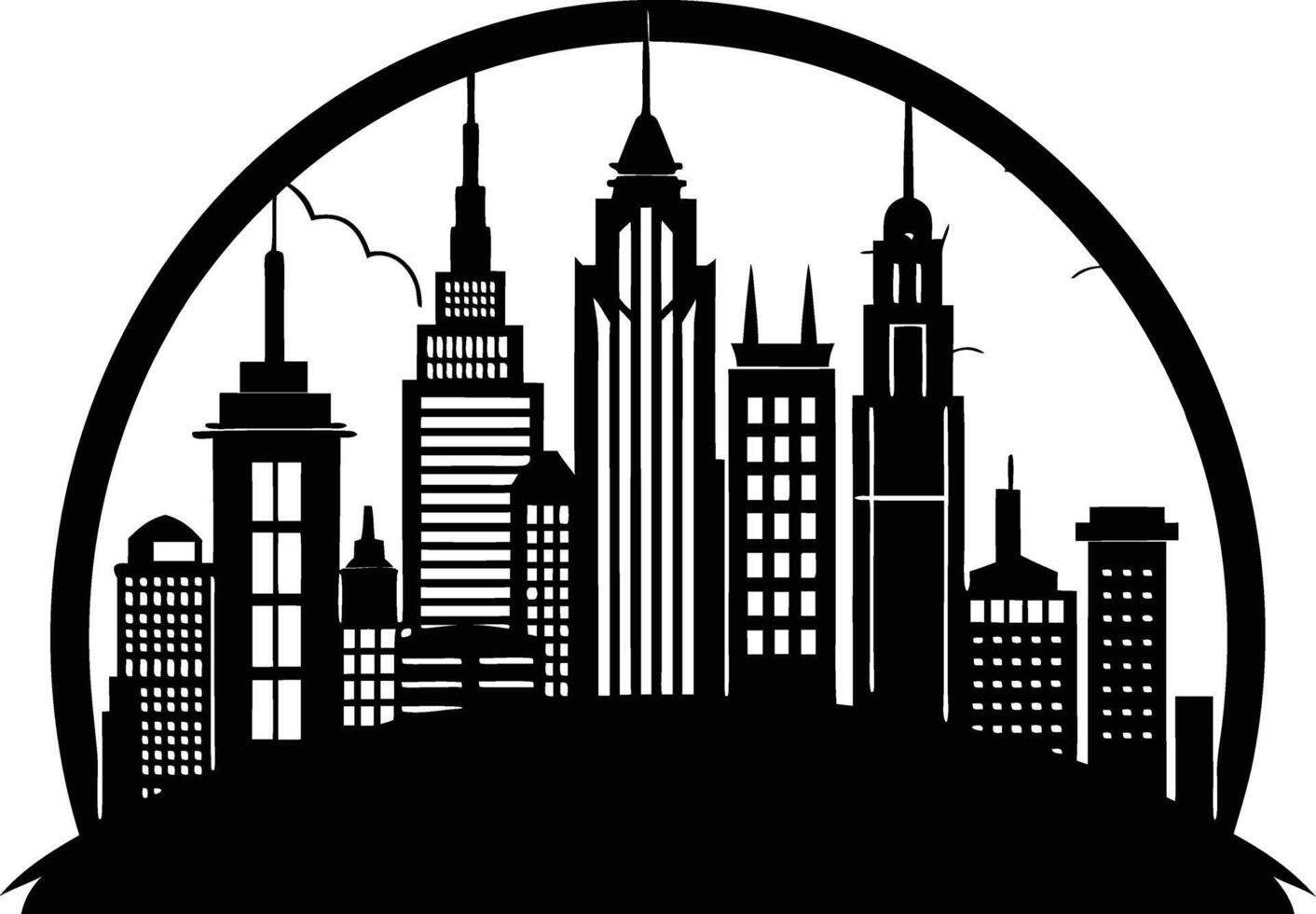 Cityscape illustration of city skyline with buildings and trees vector