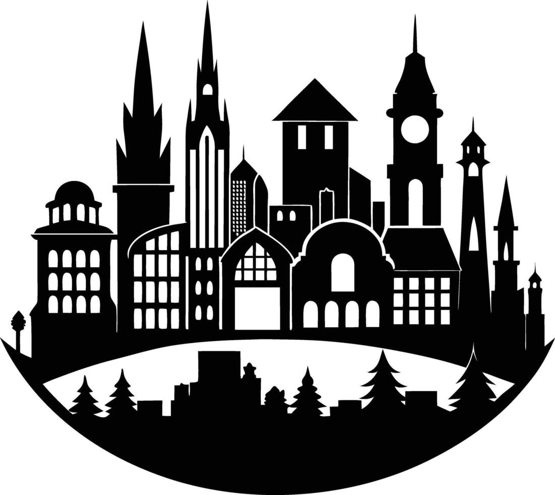 Cityscape illustration of city skyline with buildings and trees vector