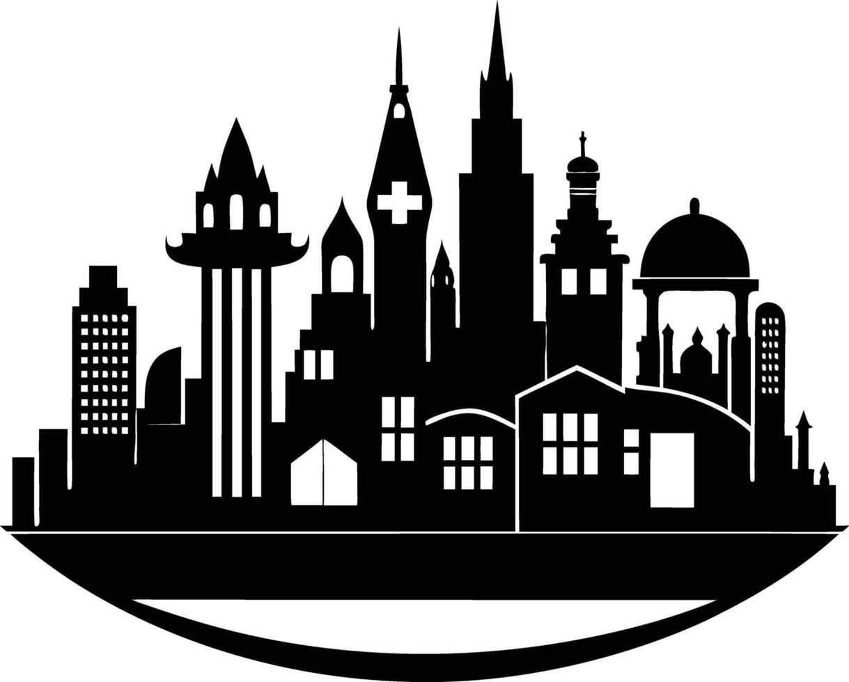 Cityscape illustration of city skyline with buildings and trees vector