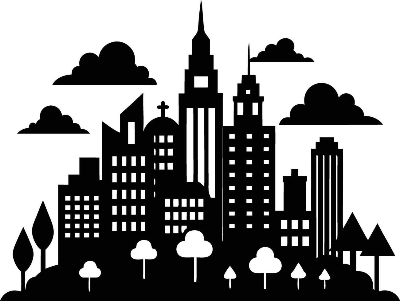 Cityscape illustration of city skyline with buildings and trees vector