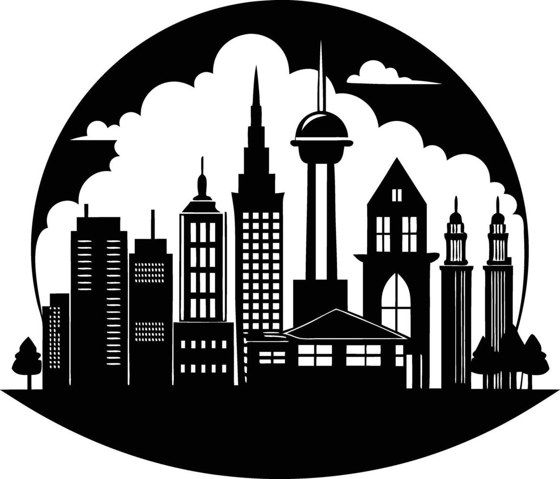 Cityscape illustration of city skyline with buildings and trees vector