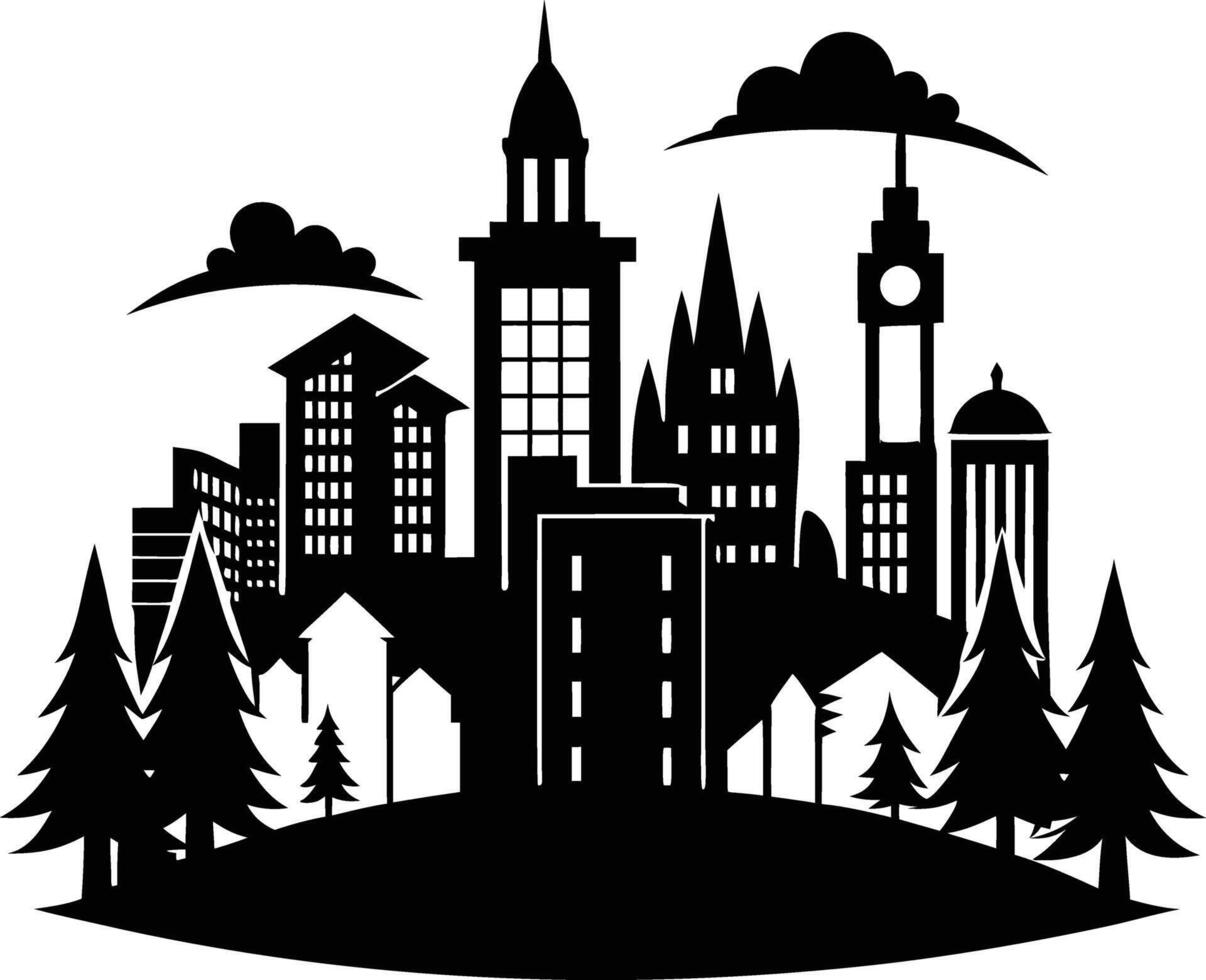 Cityscape illustration of city skyline with buildings and trees vector
