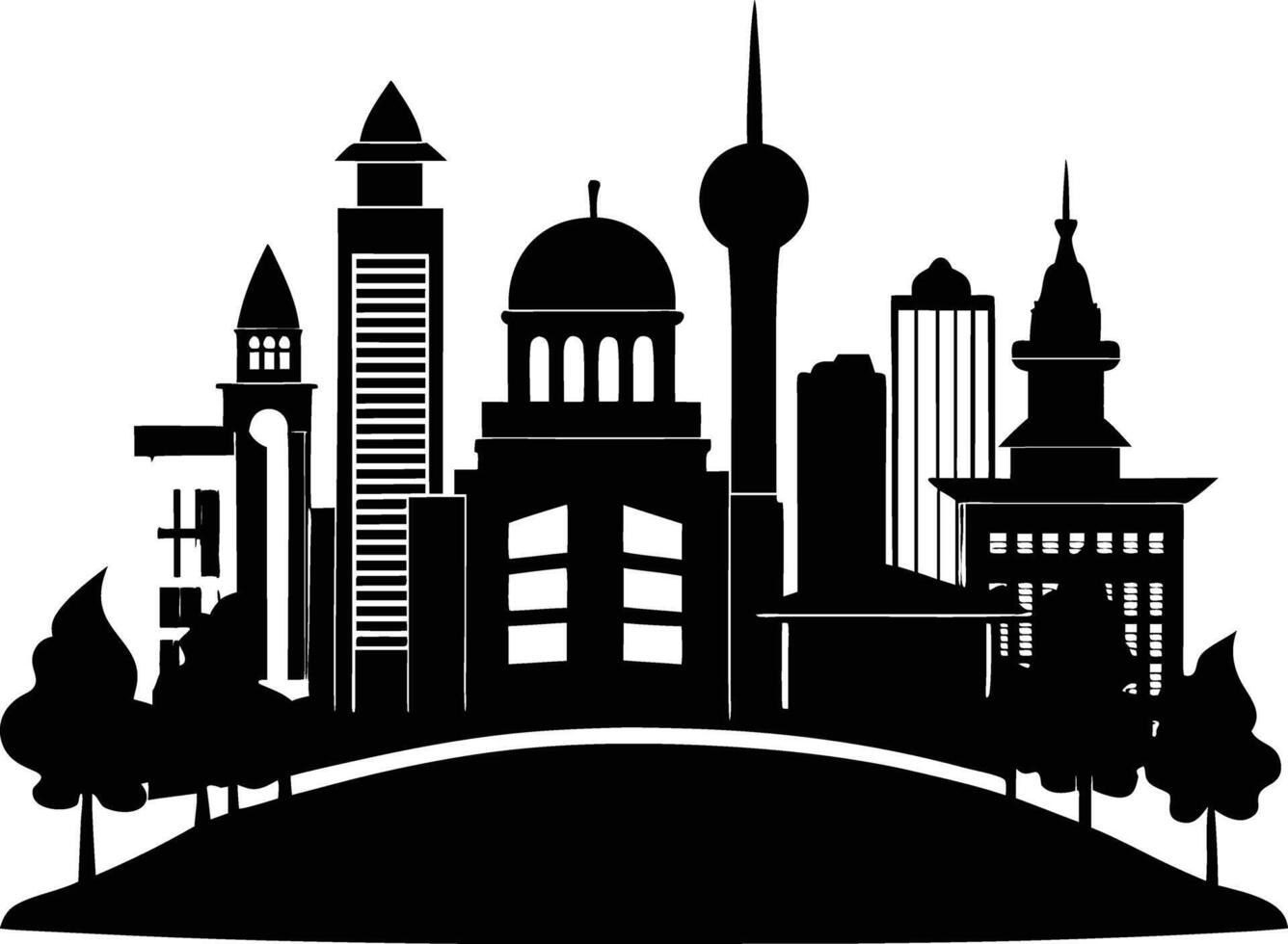 Cityscape illustration of city skyline with buildings and trees vector