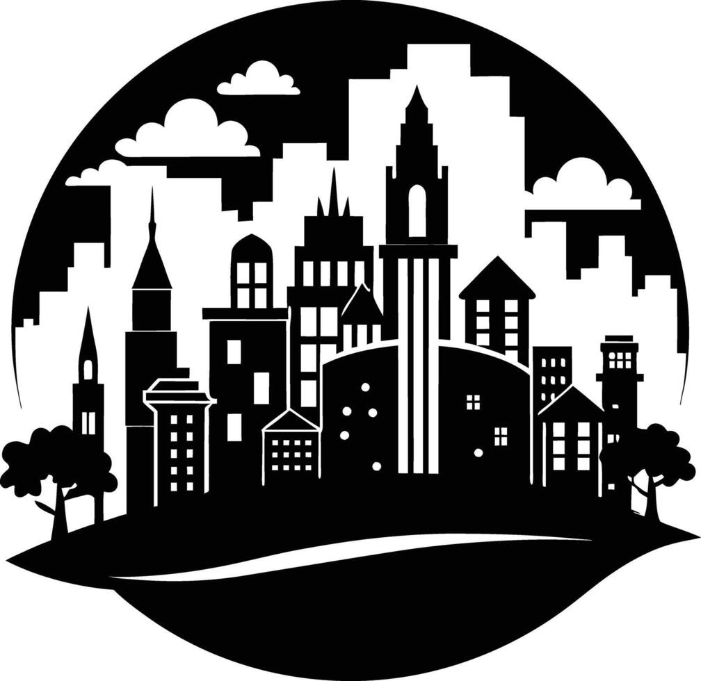 Cityscape illustration of city skyline with buildings and trees vector