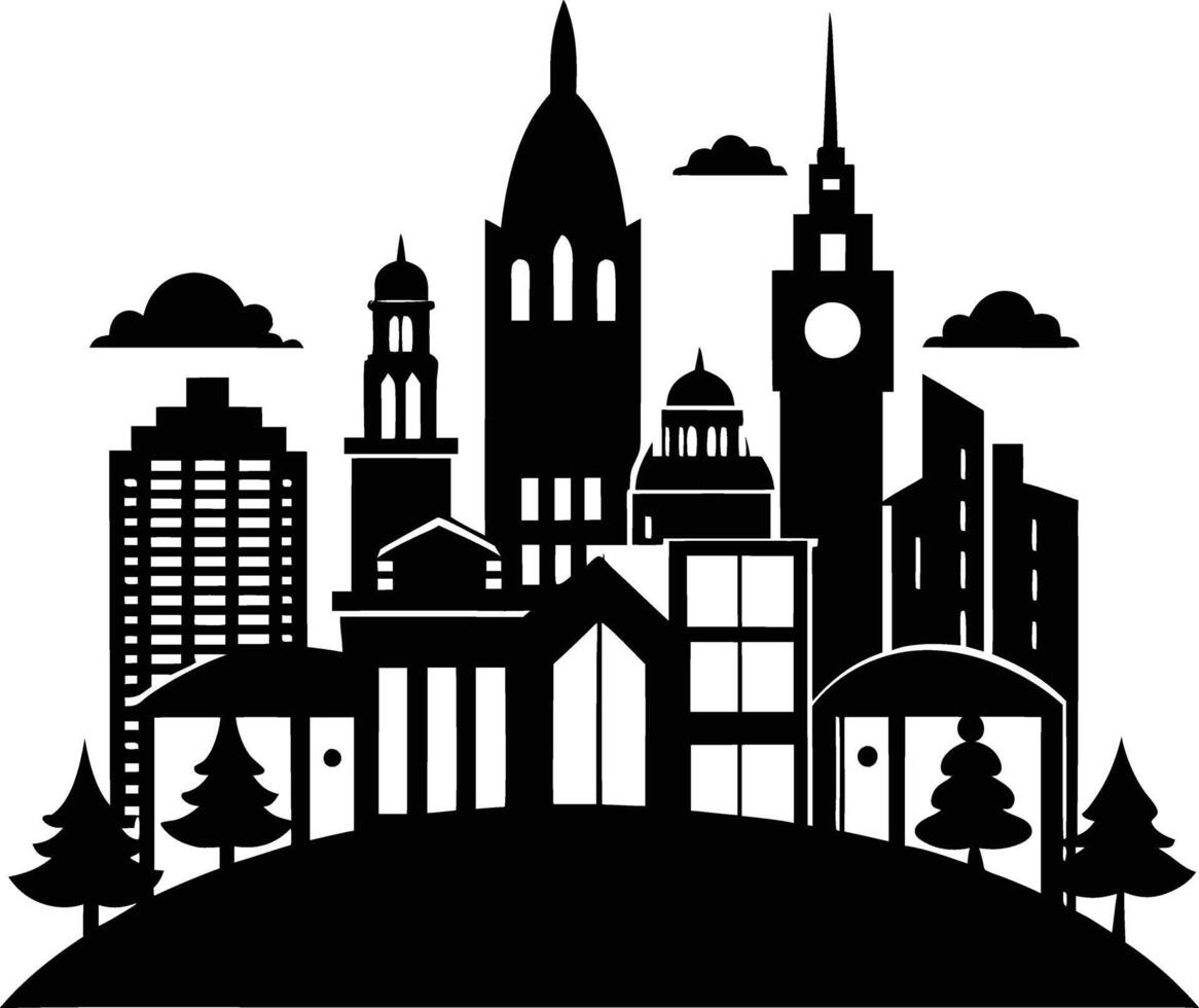 Cityscape illustration of city skyline with buildings and trees vector