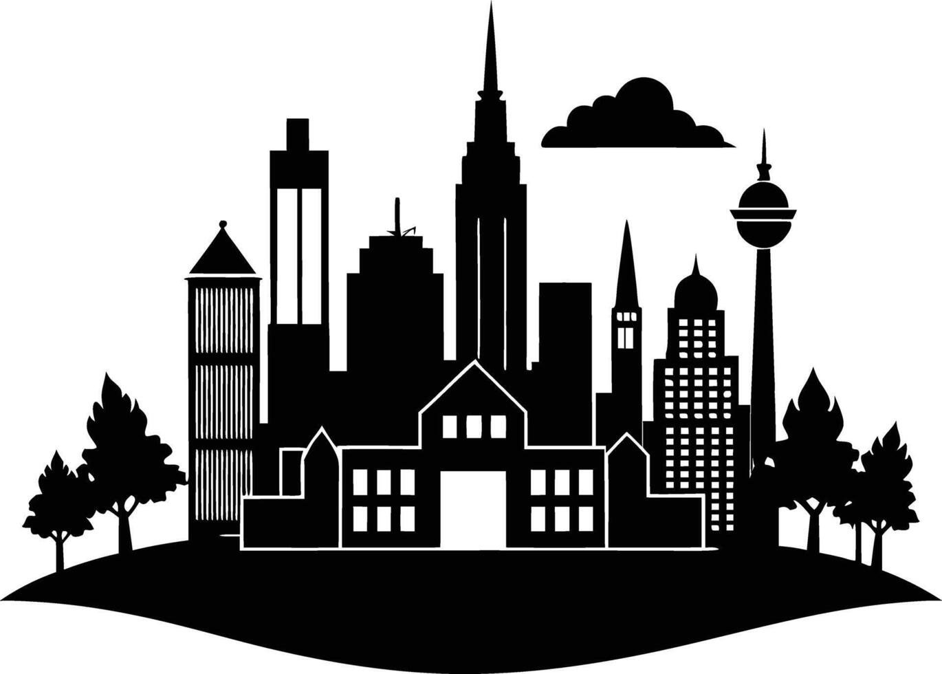 Cityscape illustration of city skyline with buildings and trees vector