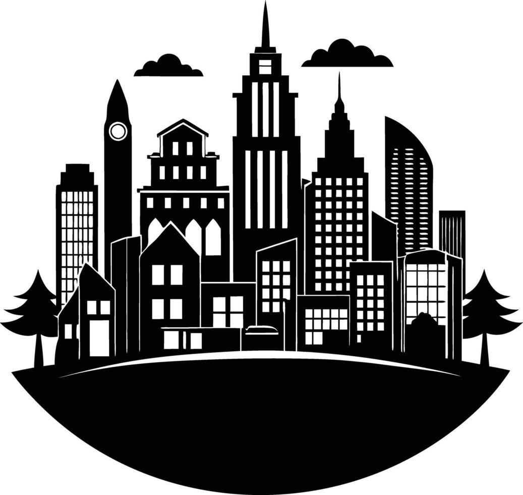 Cityscape illustration of city skyline with buildings and trees vector