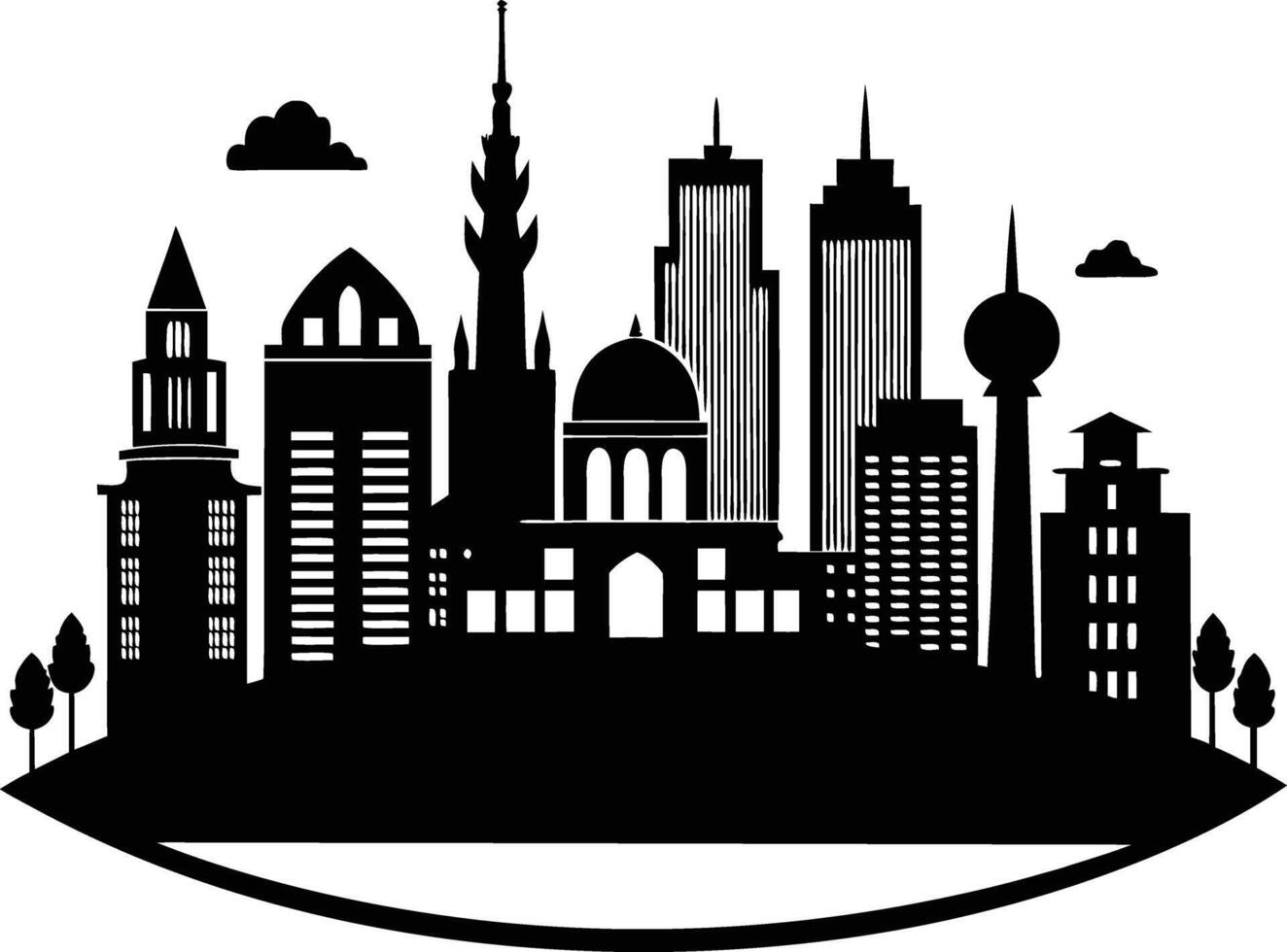 Cityscape illustration of city skyline with buildings and trees vector