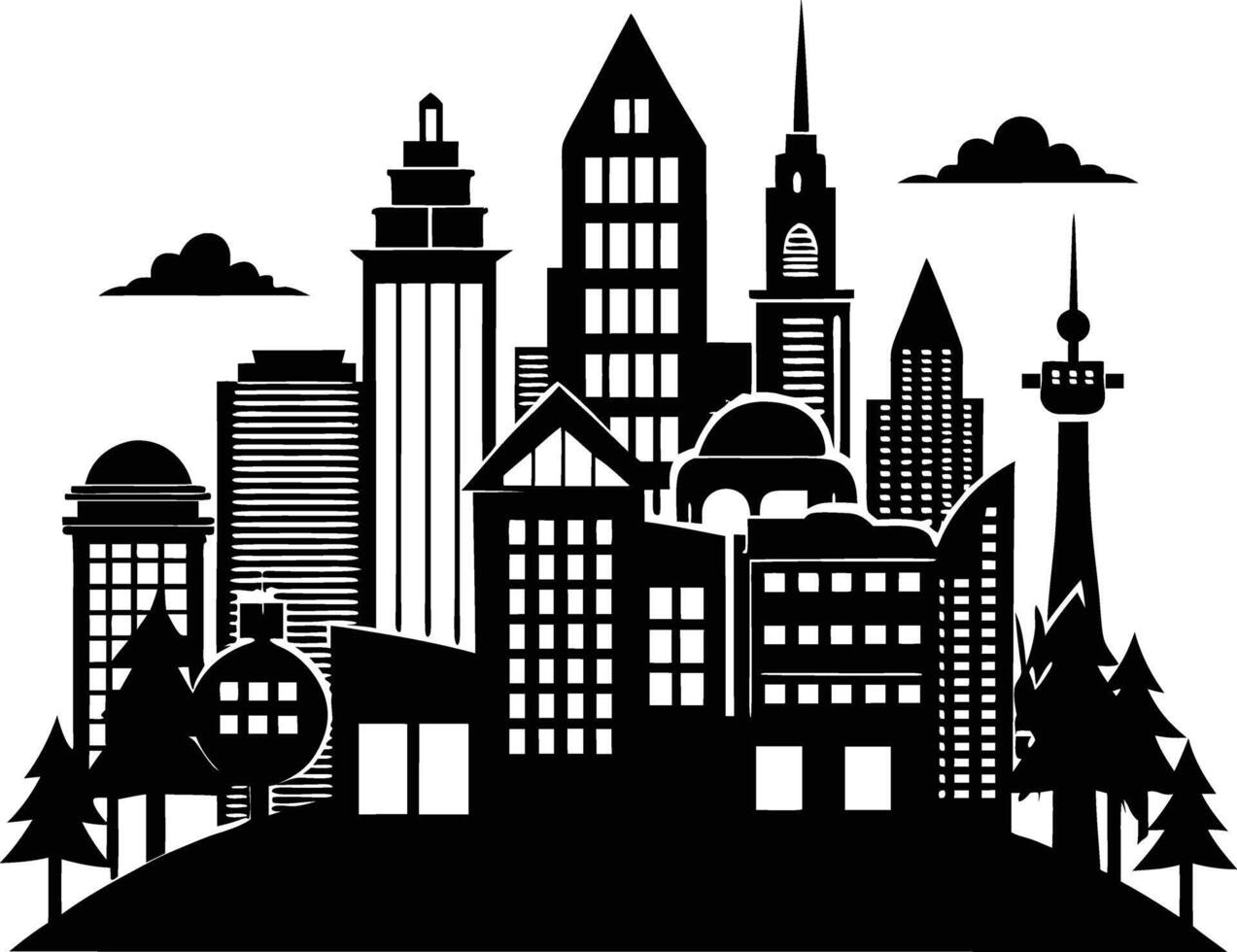 Cityscape illustration of city skyline with buildings and trees vector