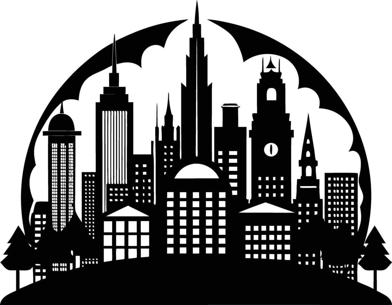 Cityscape illustration of city skyline with buildings and trees vector