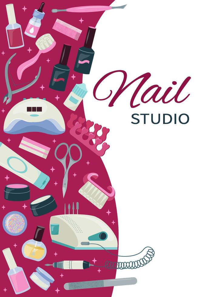 Beautiful card, flyer, banner set of nails care elements. Frame with manicure tools kit. template design. Social media post, concept for nail studio, salon background. Flat illustration vector