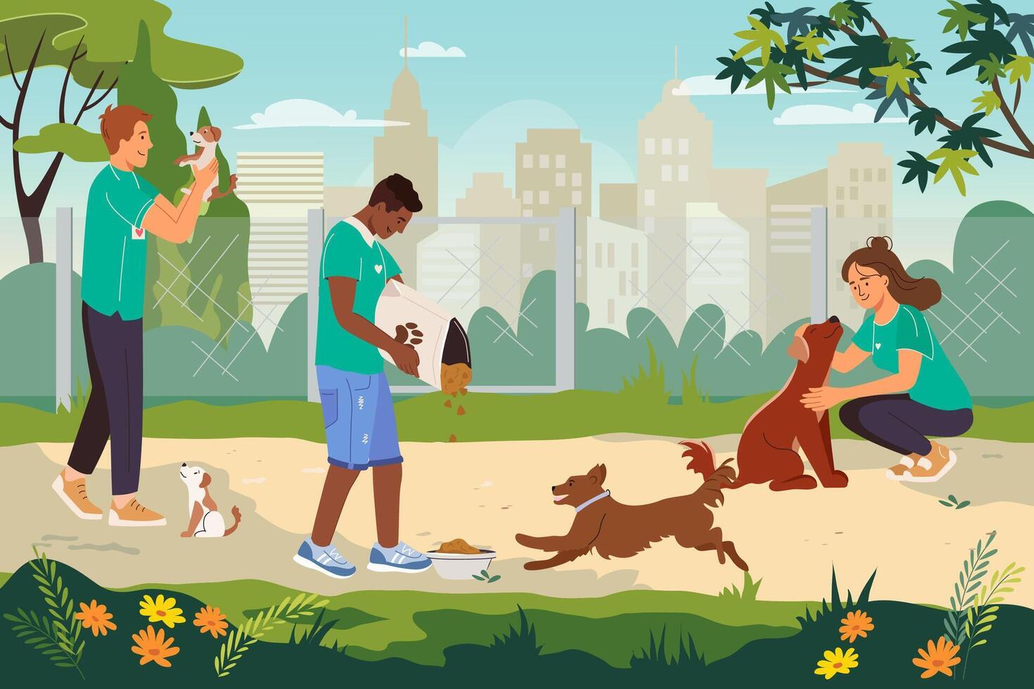 Friendly man and woman volunteer working in animal shelter. Young characters feeding homeless dogs. Homeless Pets in Pound. Volunteering charity cartoon Banner. Flat illustration vector