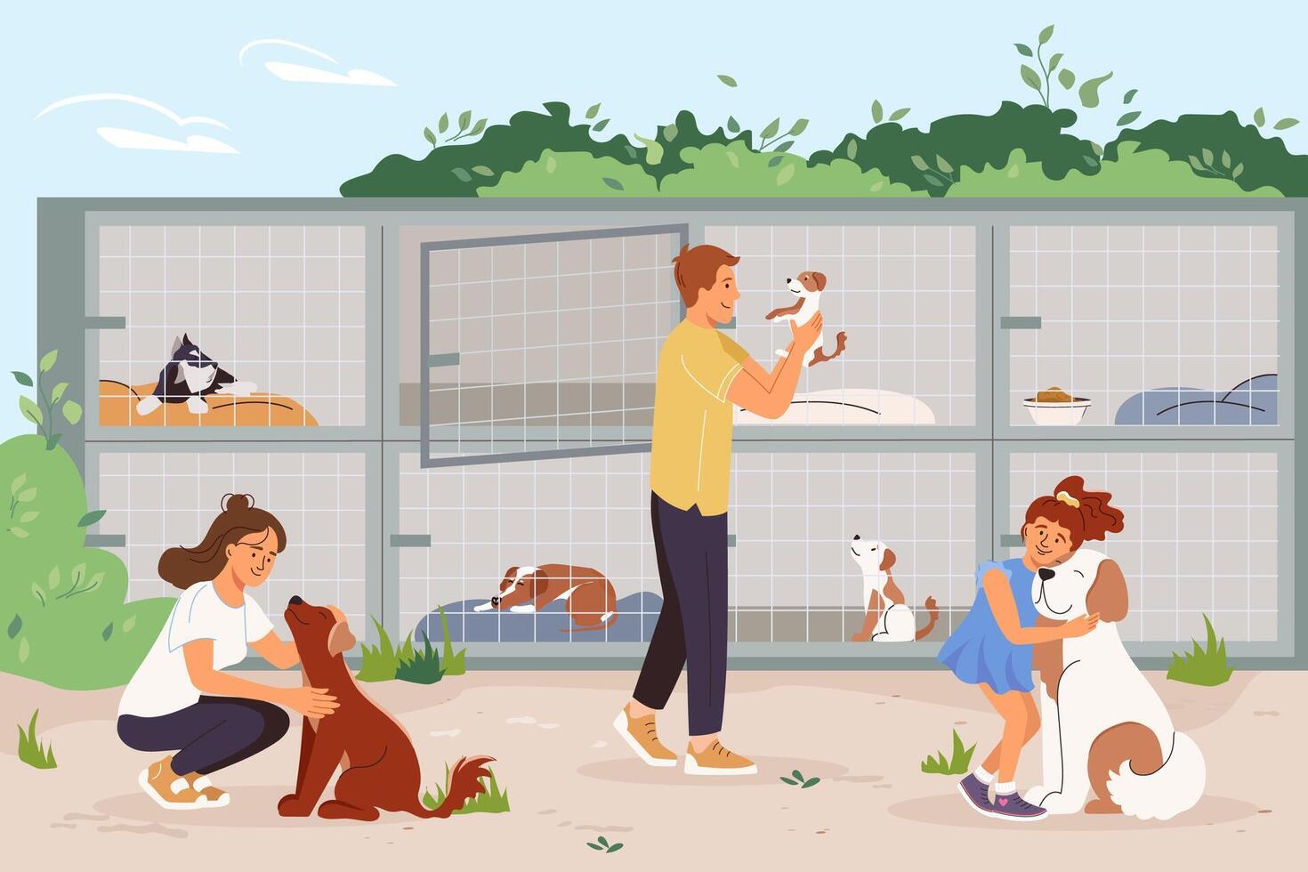 Friendly man and woman volunteer working in animal shelter Rehabilitation or adoption center young men and women feed and playing with homeless dogs in pound Volunteering charity cartoon banner vector