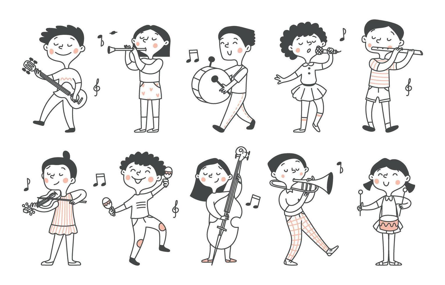 Isolated set of cute children playing different musical instruments. Sheet music, music. Kids design. doodle illustration vector