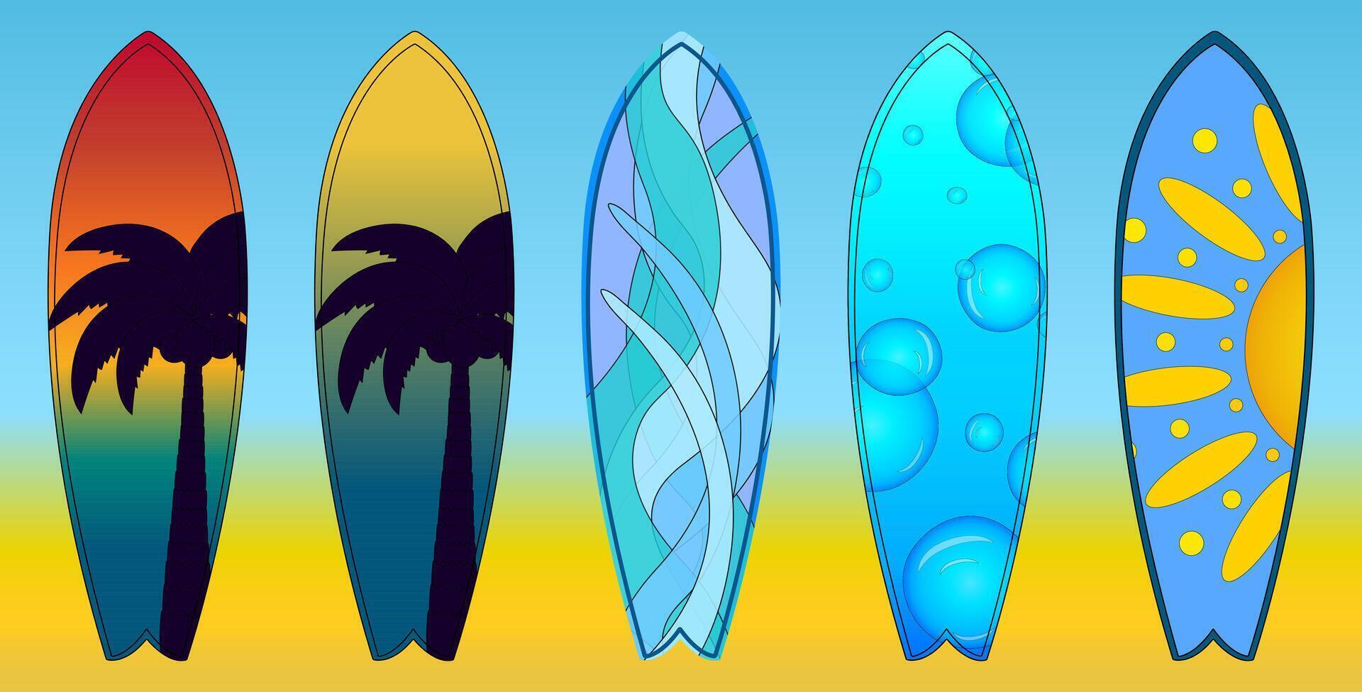 A colorful set of surfboard illustrations with tropical and abstract designs. Perfect for summertime, beach, and surfing themes. vector