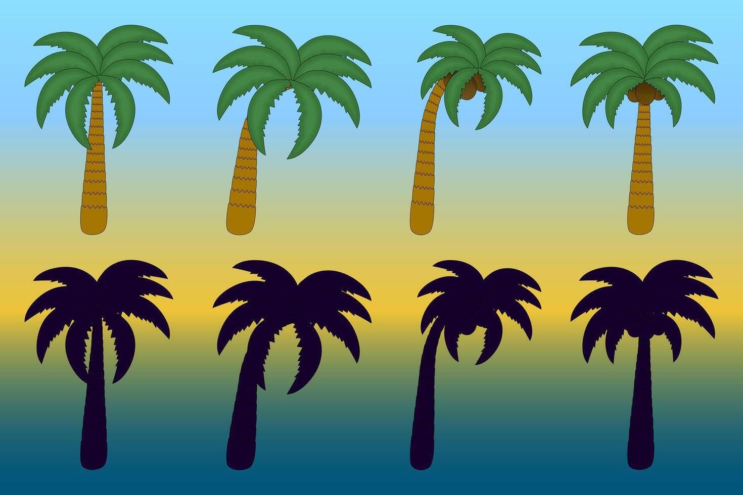 A vibrant set of palm tree vectors perfect for summertime themes. Includes day and night variations. Ideal for tropical and vacation designs.