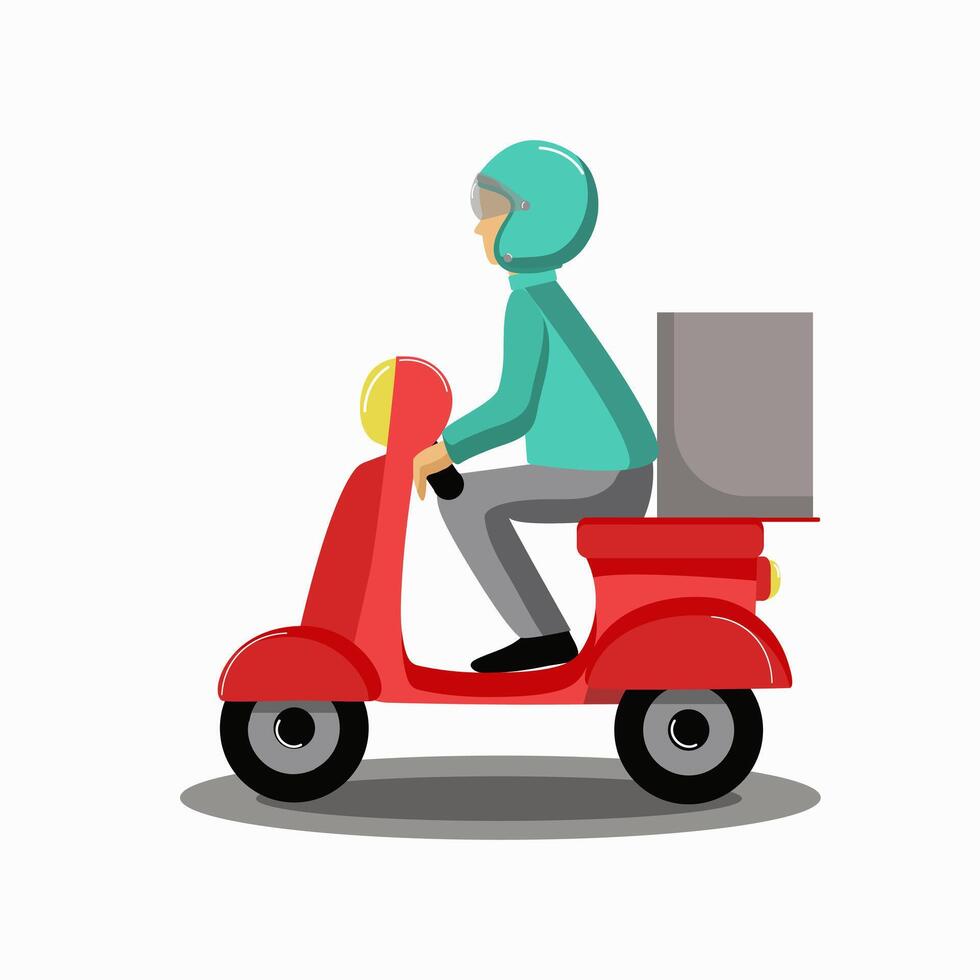 Transport. Pizza delivery guy, courier on a scooter. A man in a helmet rides a scooter. Delivery of food and goods. Transport, city, houses. vector