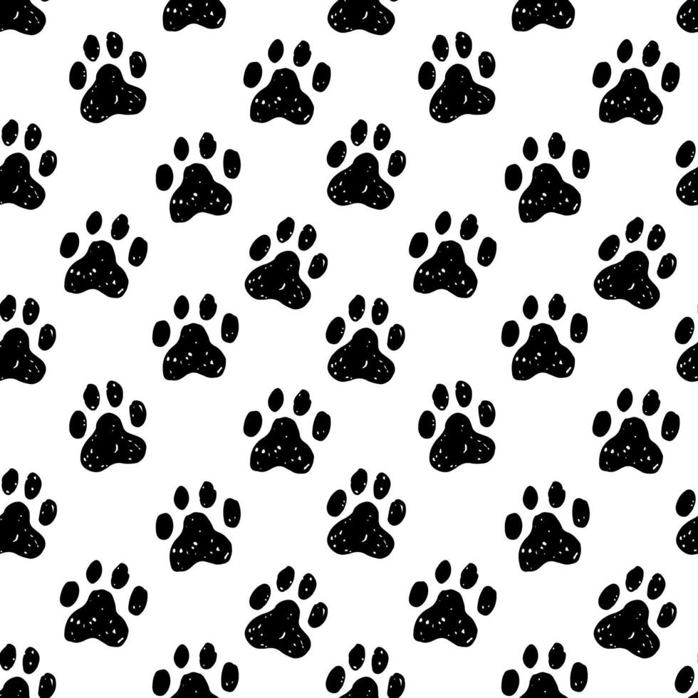 Black animal paw prints seamless pattern on white backfround. Sketchy, rugged, textured pet paw prints simple endless pattern for textile, paper design. vector