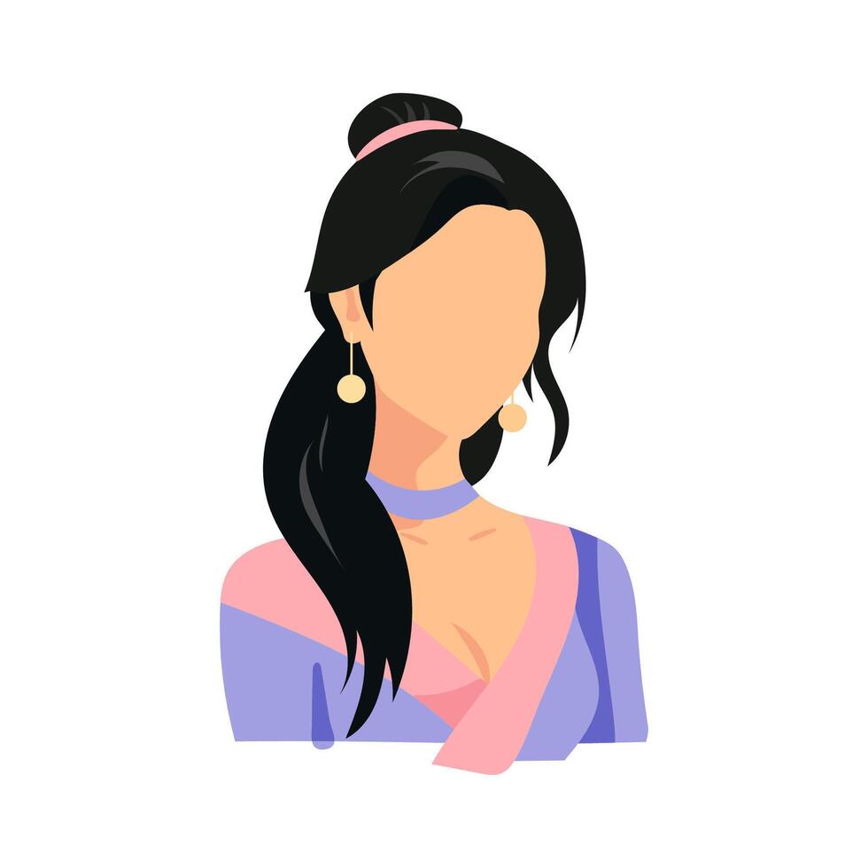 Portrait without face. Beautiful Asian girl with black hair isolated on white vector
