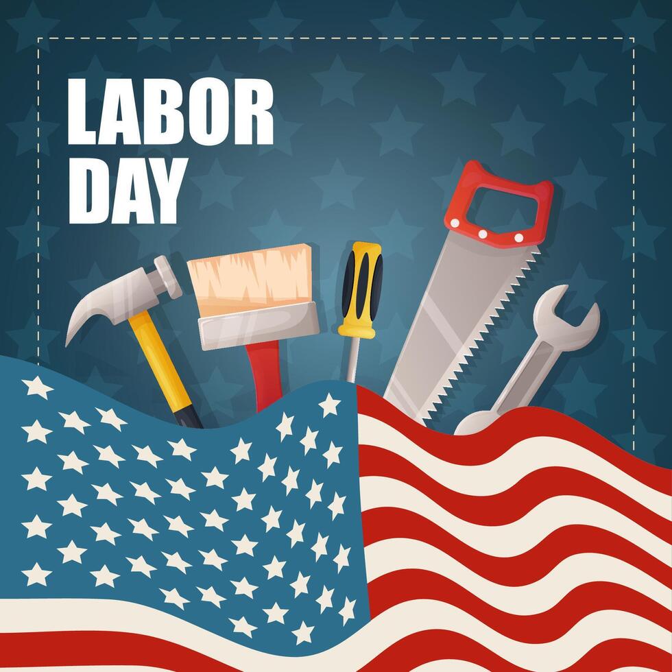Square poster, blue happy labor day banner with American flag and building tools vector
