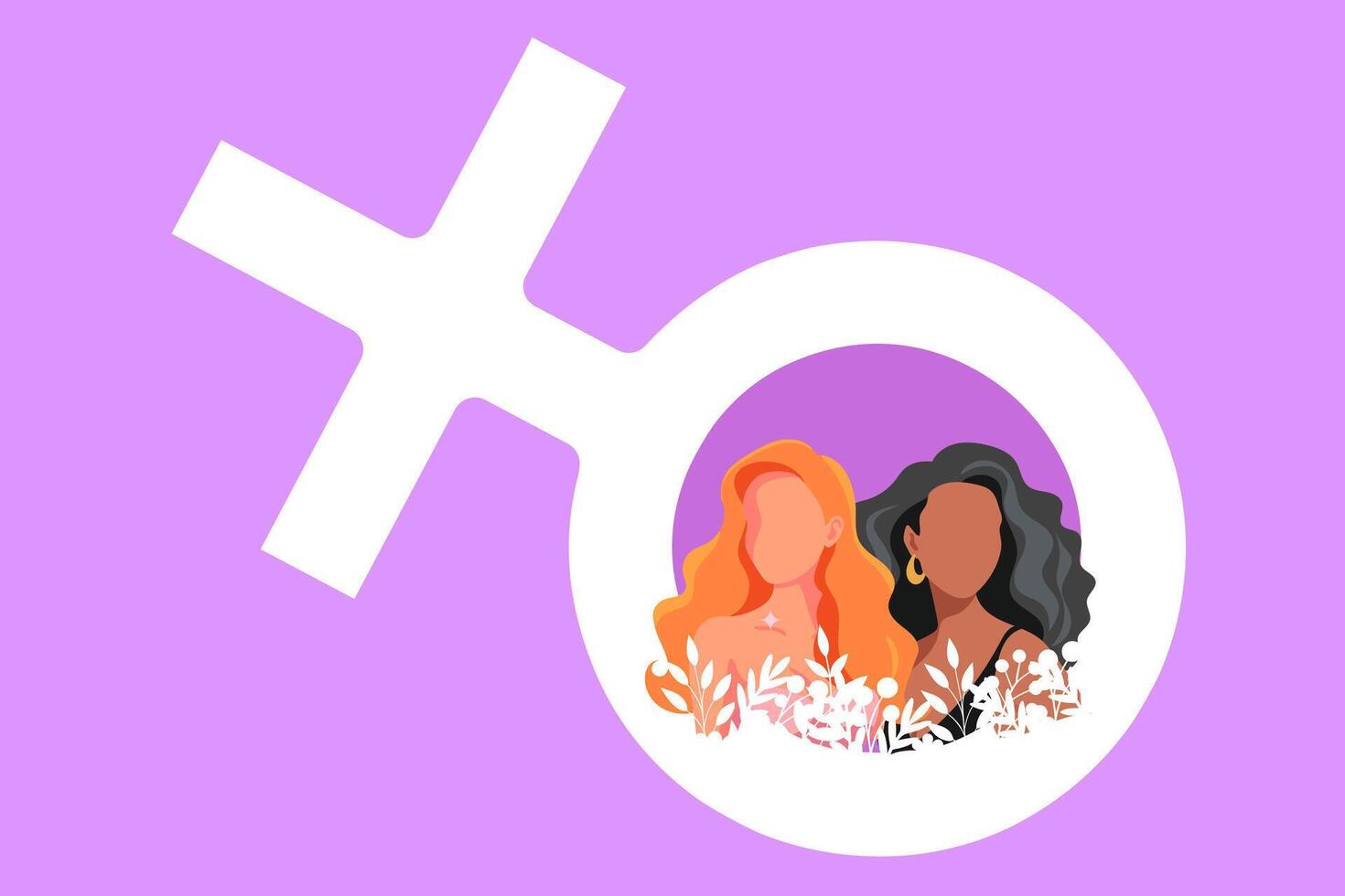 Womens Equality Day banner. Beautiful girl black and redhead in the sign of Venus. Purple background vector