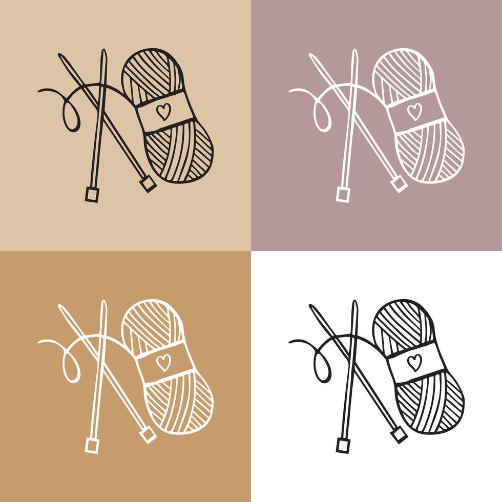 Knitting icons set, skein of yarn and knitting needles. Hobby concept vector