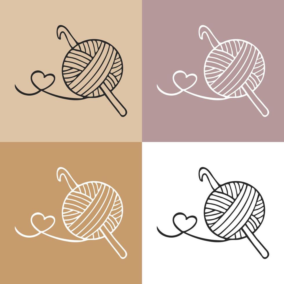 Knitting icons set, skein of yarn and hook. Hobby concept vector